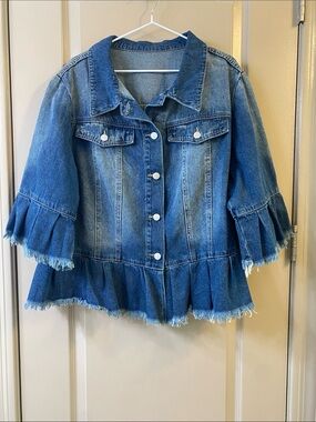 Ruffle Hem Denim Jacket - Blue